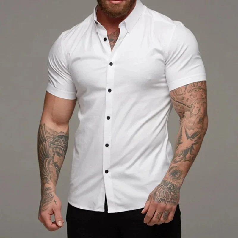 

2024 Summer Men Turn-Down Collar Shirts Solid Color Button Business Streetwear Shirt Male Fashion Trend New Short Sleeve Top