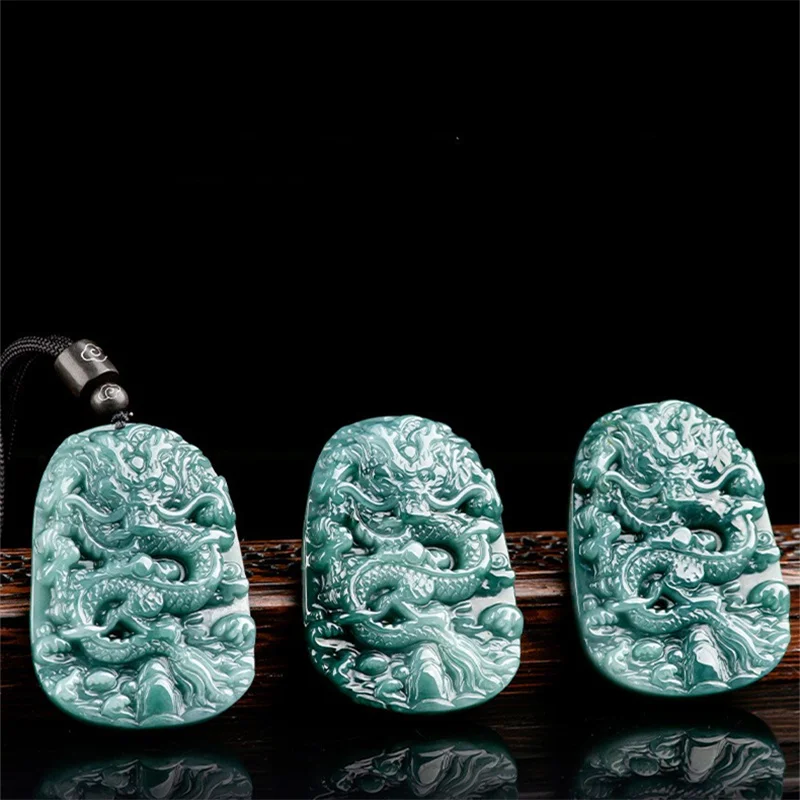 

Jiale/Hand Carved/Natural Emerald Blue Water Domineering Dragon King Jade Necklace Pendant Fine Jewelry Men Women Gift Amulets