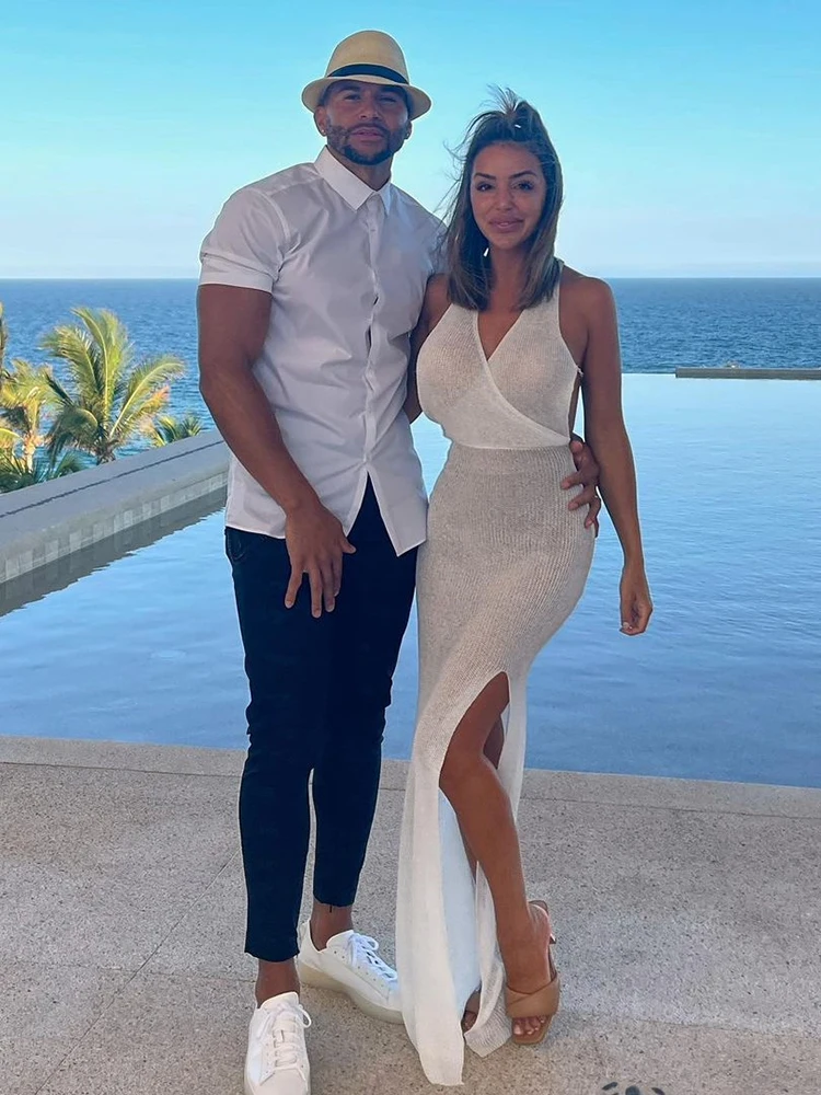 Summer Beach Dress Women V-Neck Backless Split Sexy Long Dress White Sleeveless See Through Party Vestidos 2025