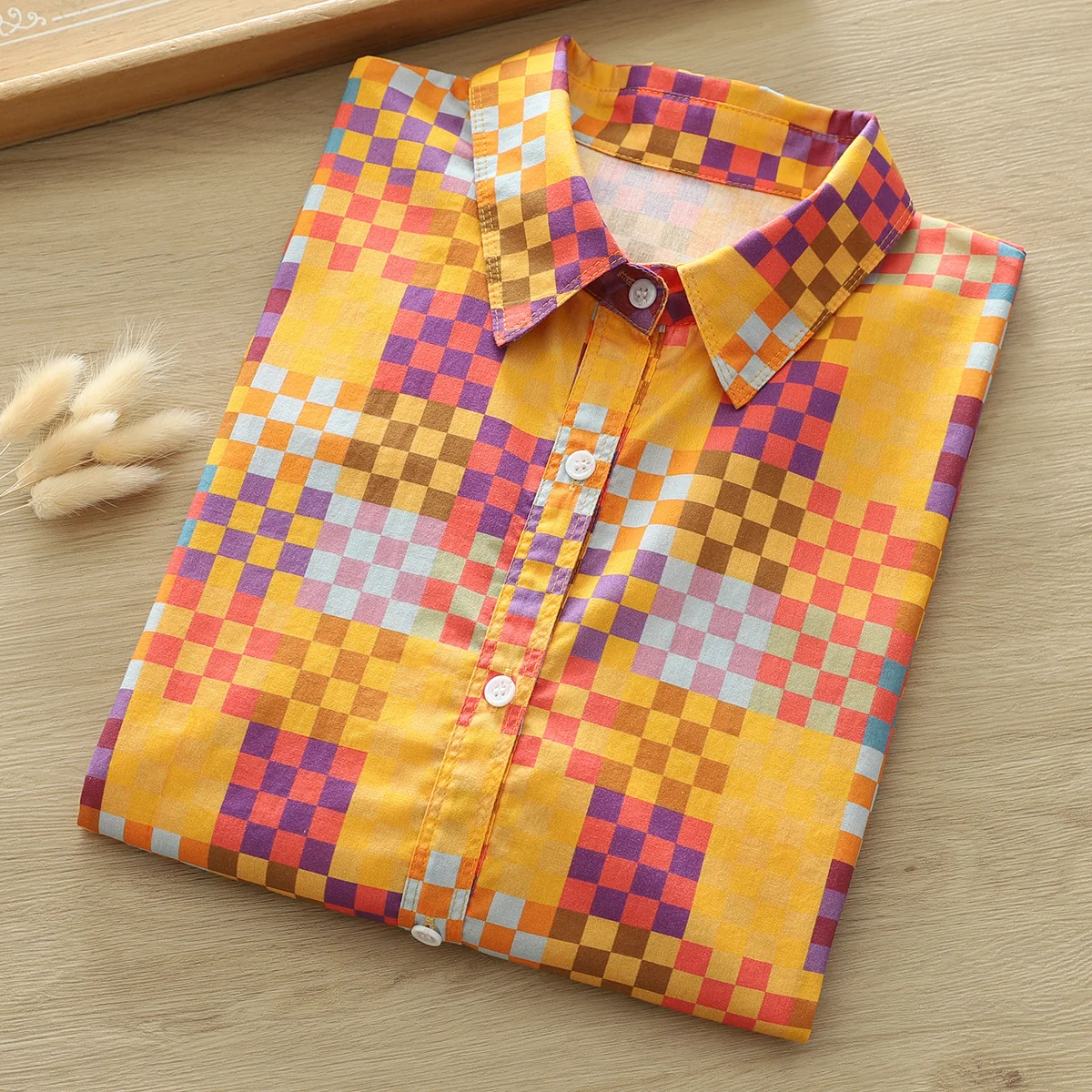 

100% Cotton Women Longsleeve Tops Woman Spring Tops Japan Harajuku Fashion Plaid Blouses Vintage Colorful Checkered Shirt