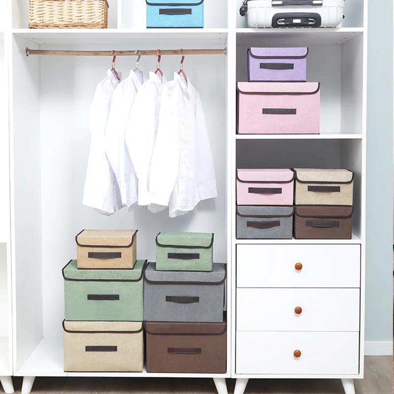 Non-woven Fabric Fold Storage Box Bedroom Wardrobe  Toy Clothes Sundries Organizer with Cover Underwear Sock Home Accessories 3