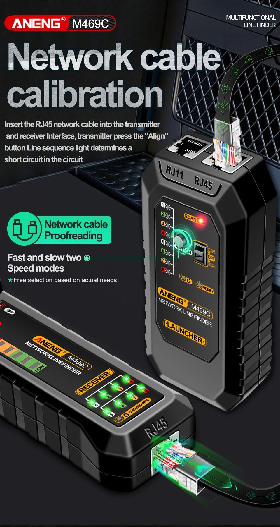 Description Picture 4 of itemANENG M469C Multifunction Network Cable Finder RJ45 RJ11 LAN Cable Tester Networking Tool Trace Measure Network Repair Analyzers
