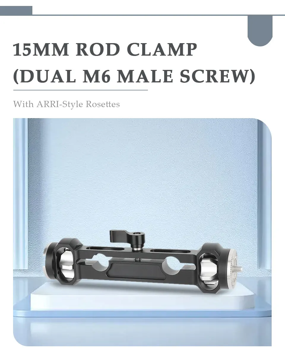15mm Rod Clamp with ARRI-Style Rosettes Dual M6 Male Screw Mount Handles or Acc