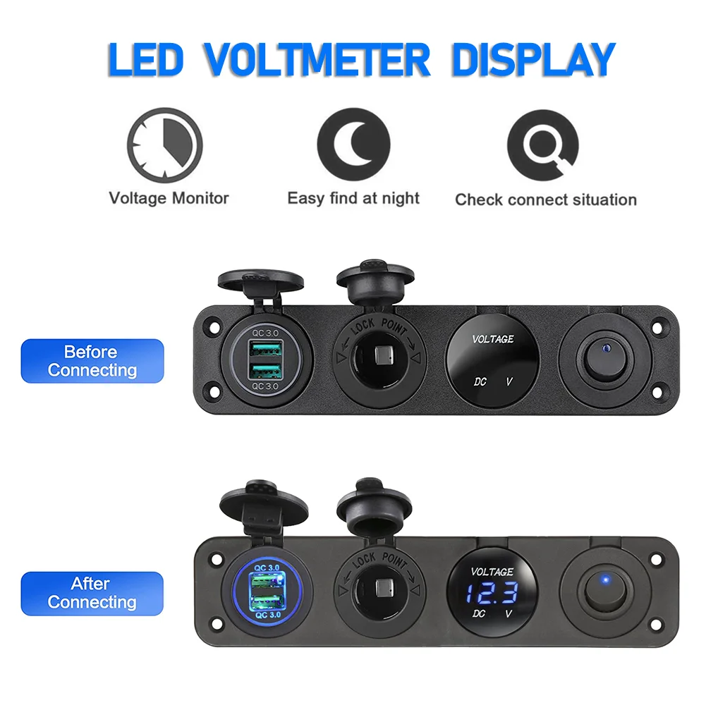 4 in 1 Charger Outlet Socket Panel QC 3.0 Dua 12V USB Power Outlet Car Voltmeter Cigarette Lighter Socket Rocker Toggle Switch 3