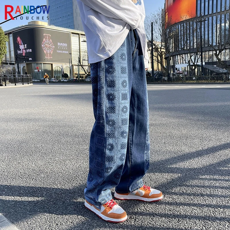 Rainbowtouches Bandana Paisley Pants Mens High Street Color Matching Full Print Straight Hip Hop Retro Legged Casual Pant Unisex