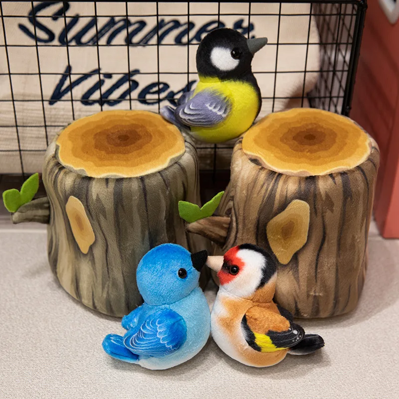 10cm Small Birds In The Tree Stump Plush Toys Colorful Bird And