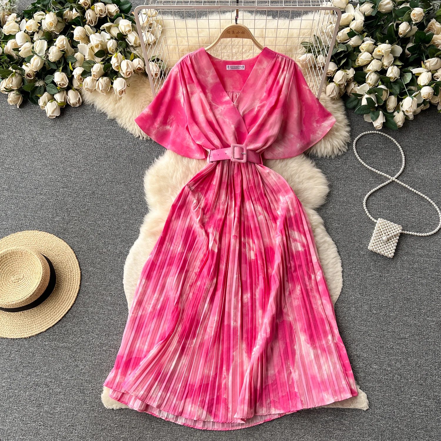 

French print tie dye V-neck short Sleeve sweet dress women summer waist cinching thin temperament chiffon resort dresses
