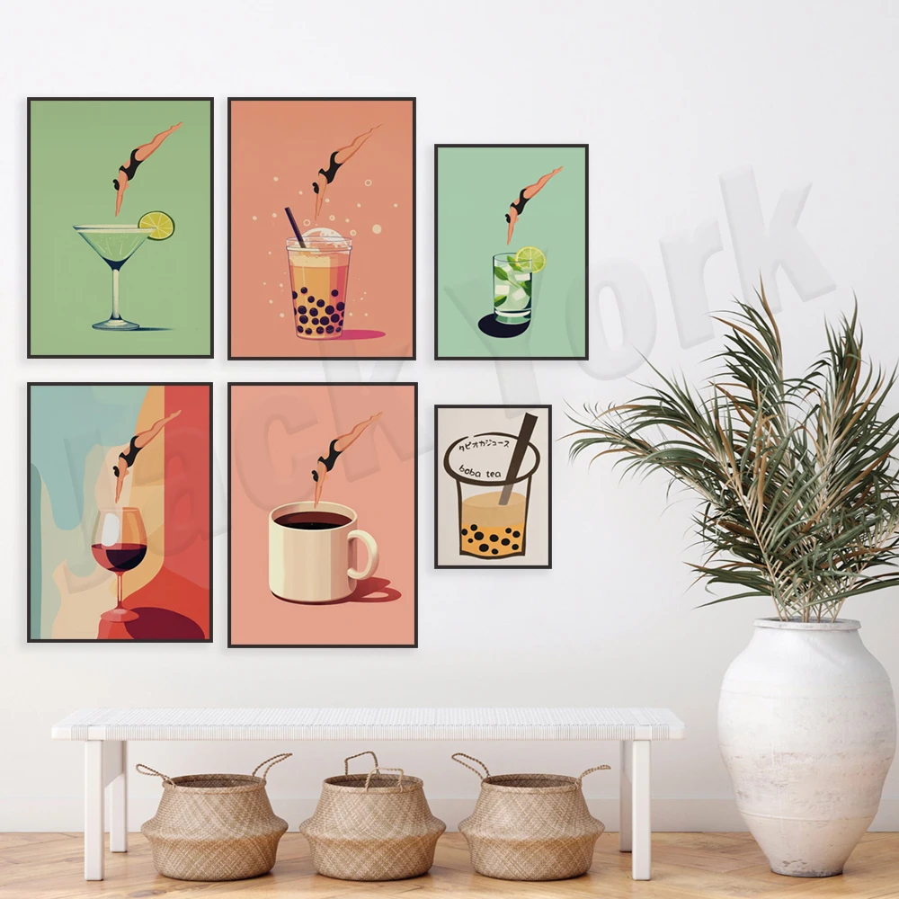 Wine Wall Art, Gin And Tonic, Coffee Wall Art, Bubble Tea Art, Arte Estetica Anni '70, Regali Per Il Vino, Poster Da Cucina Vintage Da Cocktail