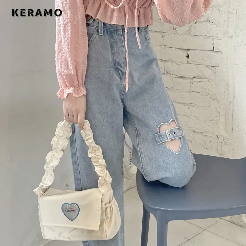 

Streetwear Style Harajuku High Waist Hollow Out Loose Jeans Pants Women's Vintage Y2K Wide Leg Baggy Ripped Denim Trouser