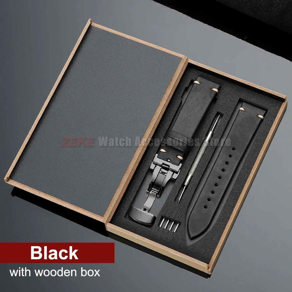 Elegant Genuine Leather Watch Band with Wooden Box & Butterfly Clasp Bracelet