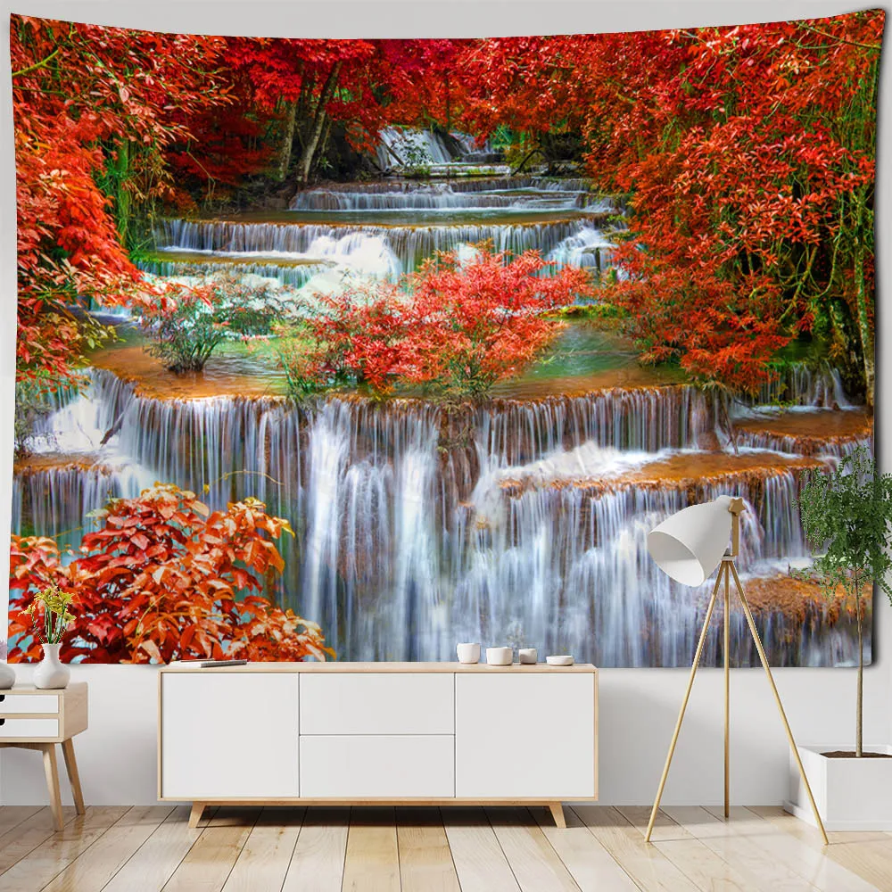 

Natural scenery tapestry, 3D forest waterfall landscape, wall hanging, home background, fabric decoration, outdoor garden poster