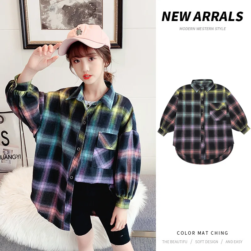 

Spring Girls 100% Cotton Plaid Loose Blouse Summer Casual Shirt Korean Baby Long Sleeve Tops Shirts School Teenager Girls Blouse