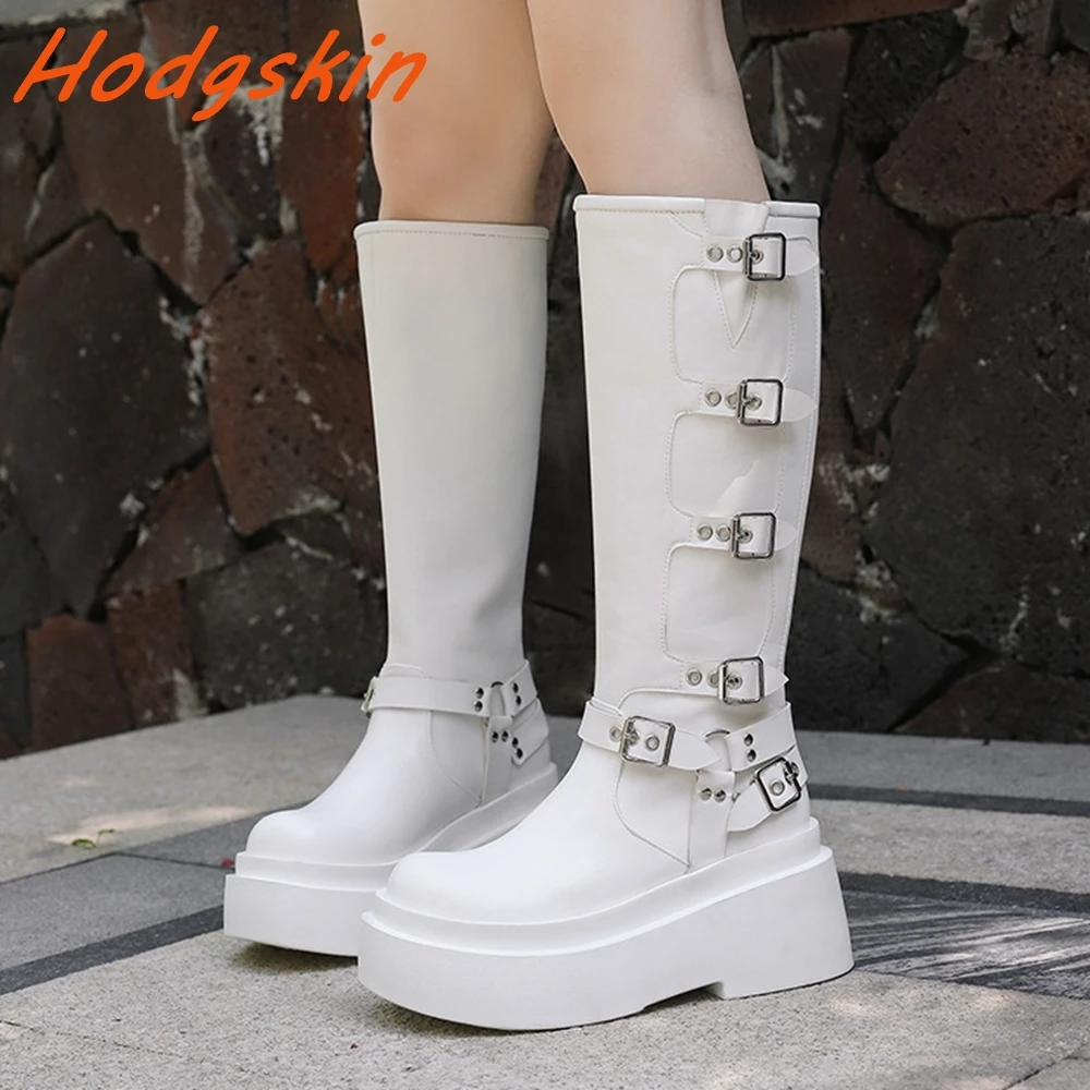 Candy Colors Women's Boots Patent Leather Round Toe Metal Buckle Strap Comfy Flat Thick Sole Shoes Street Style Knee High Boots