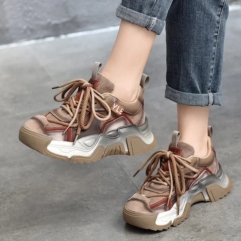 5cm Pigskin Genuine Leather Synthetic Women Spring Platform Wedge Mixed Color Comfy Shoes Autumn Loafer Chunky Sneaker Vulcanize 4