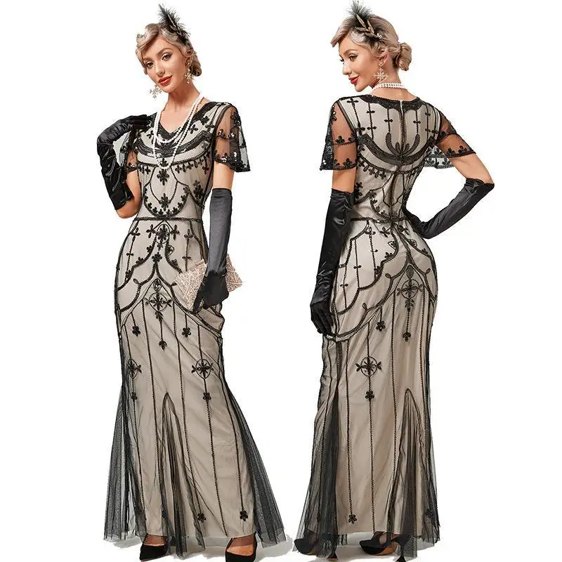 

Vintage Long Dress Bridesmaid Dresses Plus Size Luxury Anquet Beading Sequin Fashion Short-Sleeved Evening New Year Dress