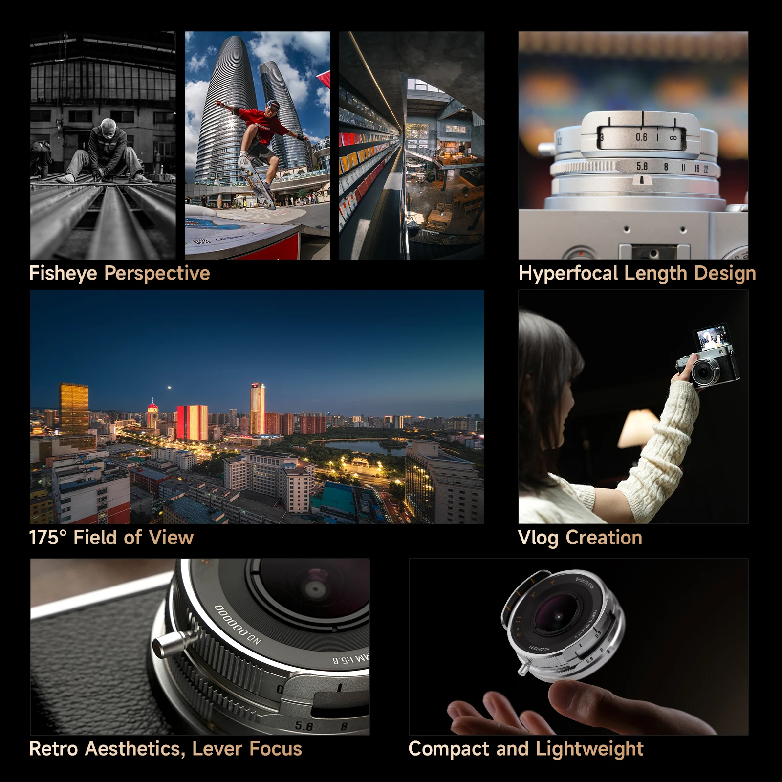 브라이트인 스타 10mm F5.6 프로 APS-C 어안렌즈 175 °   울트라 와이드 수동 초점 렌즈 (후지 XF 실버,  E, 니콘 Z, 캐논 EF-M, M43 호환)