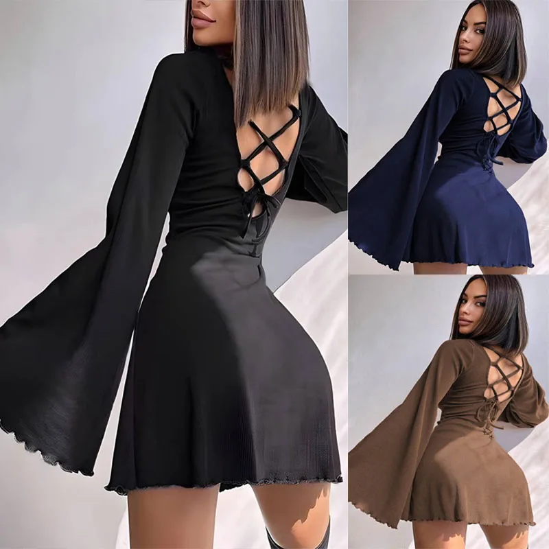 Women's Long Sleeve O-Neck Dress Black Sexy Lace-Up A-Line Gown Elegant Summer Fashion for 2025