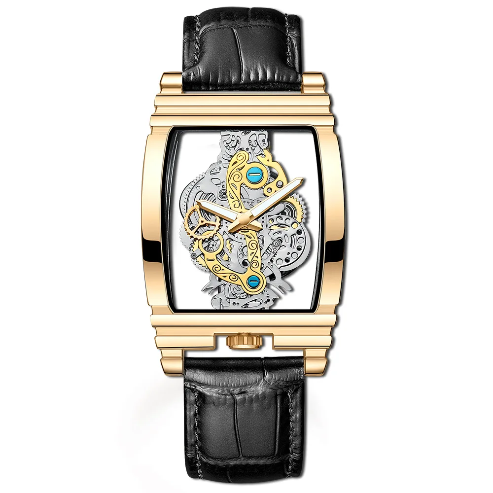 New barrel type men's quartz watch square transparent full hollow flywheel waterproof watch leather steel band luminous watch