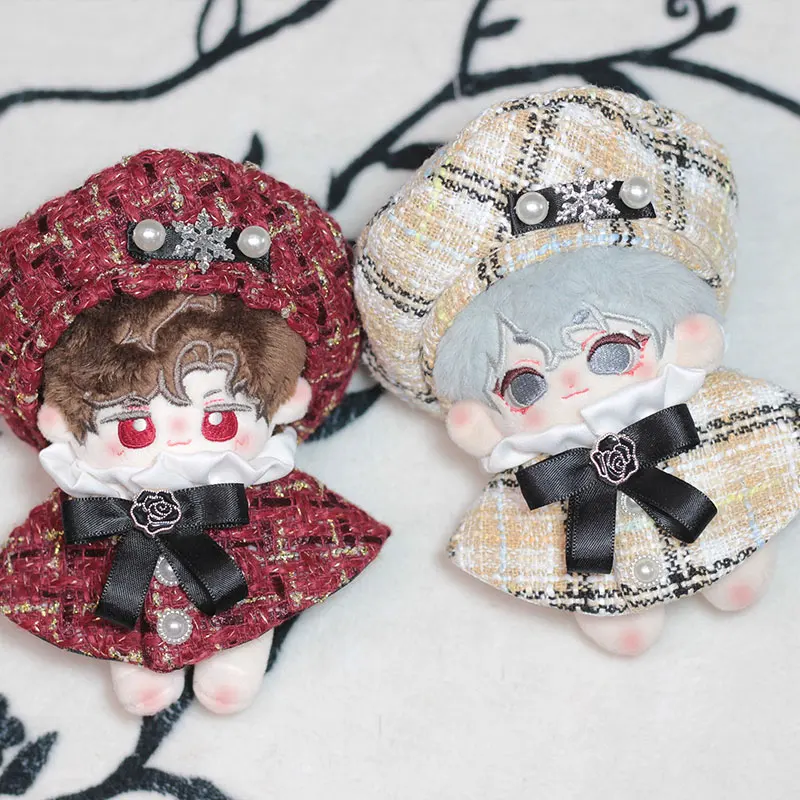 10cm Handmade Plush Doll Toy Clothes 20cm Anime Fashion High-End Pearl Beret Bow cloak Set For Boys And Girls Birthday Gifts 3