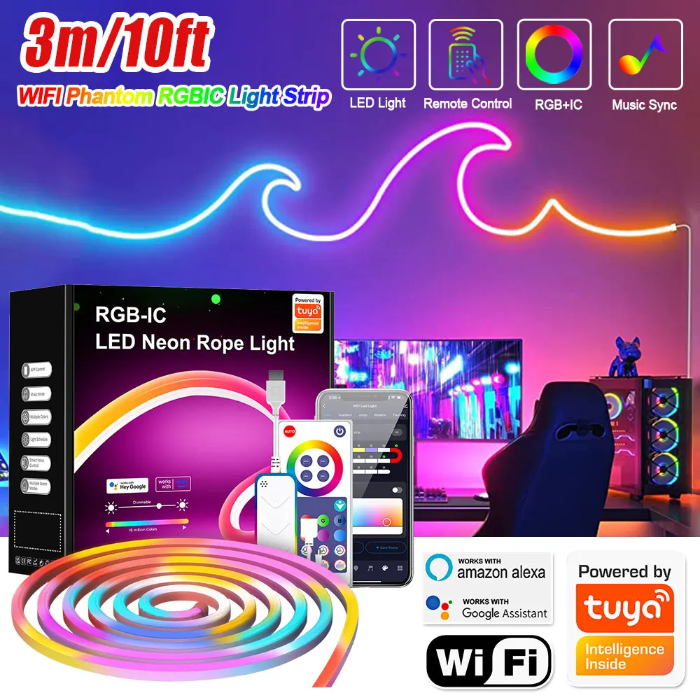 

Tuya RGBIC LED Strip Light Music Sync Flexible Neon Rope Lights WiFi/Bluetooth/Remote/APP Control TV Backlight Gaming Room Decor