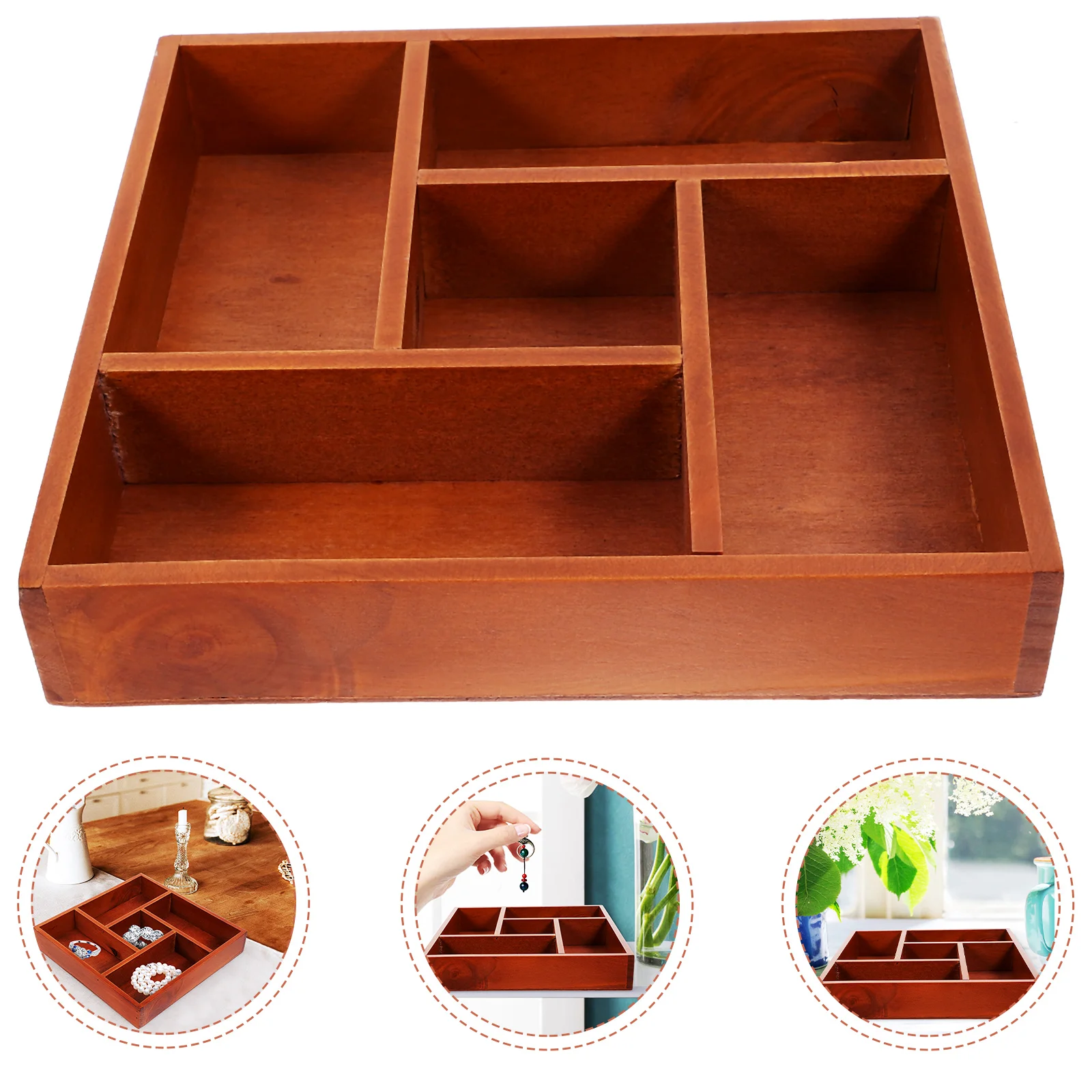 

Multi-compartment Wooden Storage Box Dresser Makeup Organizer for Vanity Drawer Square Plate