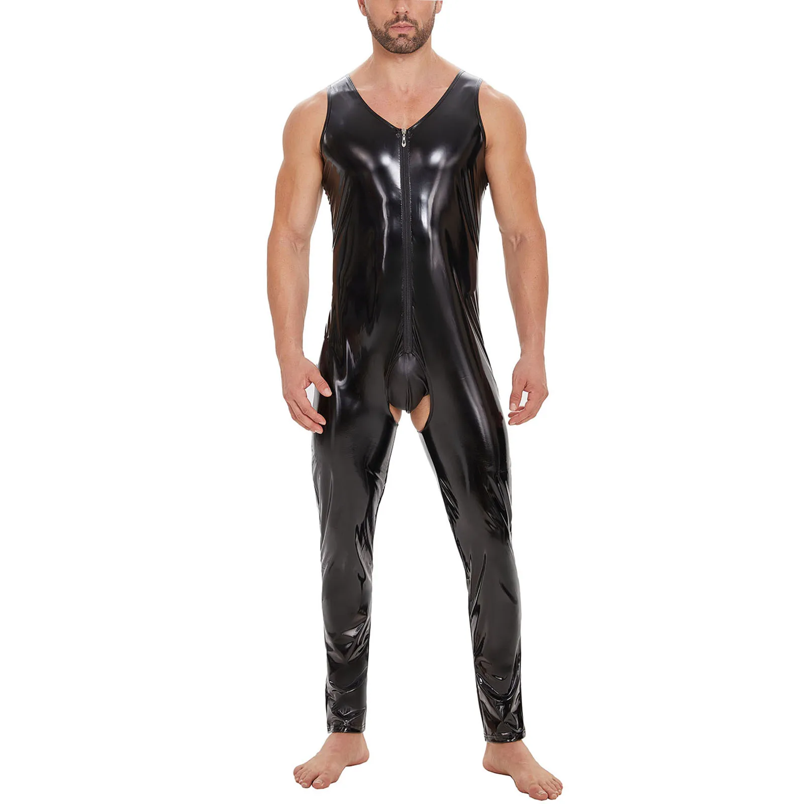 

Mens Sexy Open Crotch Shiny Leather Jumpsuit Glossy PVC Leather Tank Leotard Zipper Open Breast Latex Bodysuit Crotchless