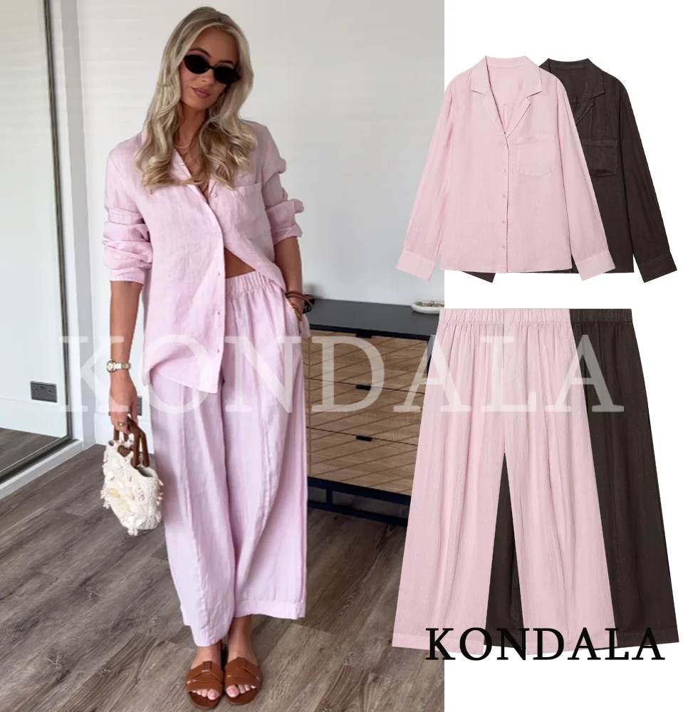 KONDALA Woman Leisure Pants Set Trendy Versatile Buttons Shirt, Elastic Waist Bucket Pants 2026 Spring Summer Holiday Street Set