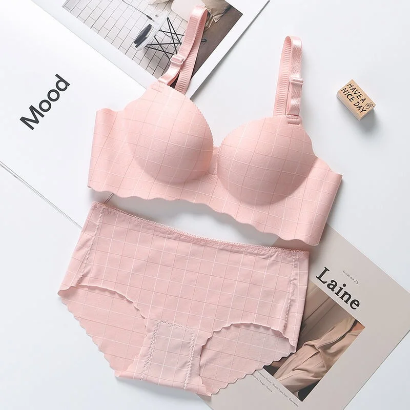 Seamless Bra Set Women Underwear Plaids Print Bra and Panty Set Push Up Sexy Lingerie Wire Free Bralette Brasieres Para Mujer