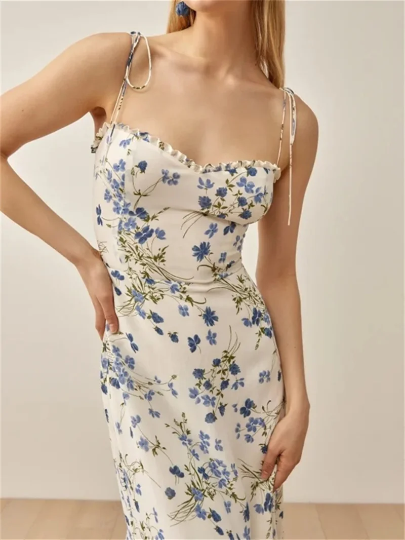 

Floral Printed Women 100% Viscose Strapless Sling Robe Off-Shoulder Ruffles Fresh Sweet Sleeveless Female Backless Midi Dress