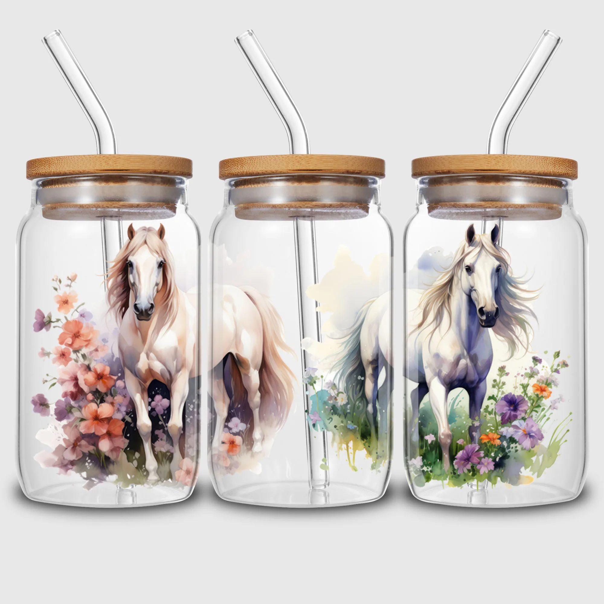5 Sheets horse UV DTF Cup Stickers for Glass DTF Transfer Stickers Waterproof Friction Transfers for 16oz Glass Mugs Crafts sticker cups uv dtf wrap transfer