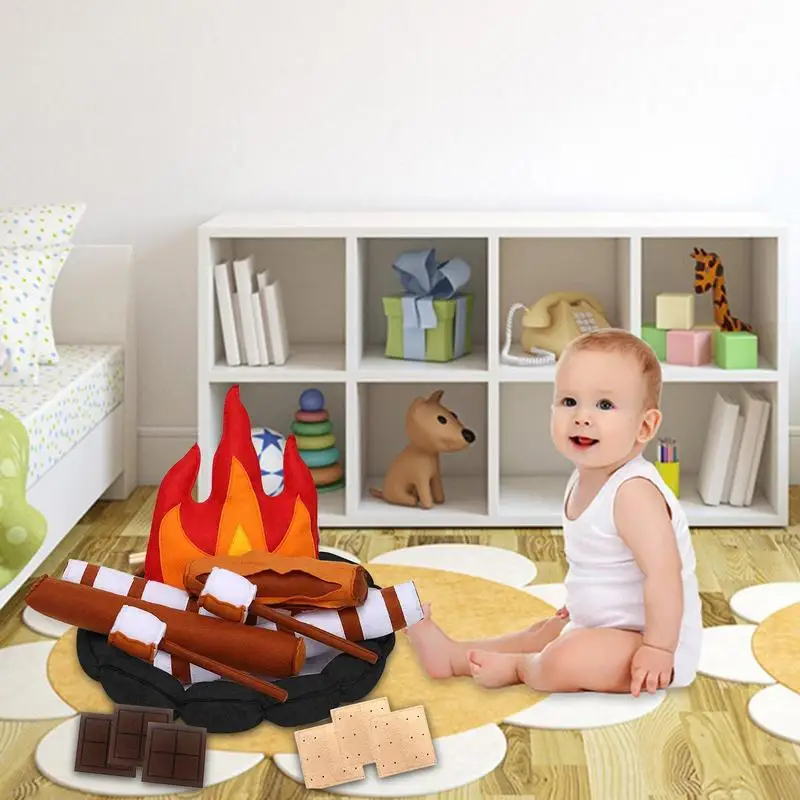 Play Campfire Sets For Kids 15pcs Pretend Play Camping Toy Kids Plush Felt Play Campfire Playset Safe Fake Fire Wood Stones Toys 2