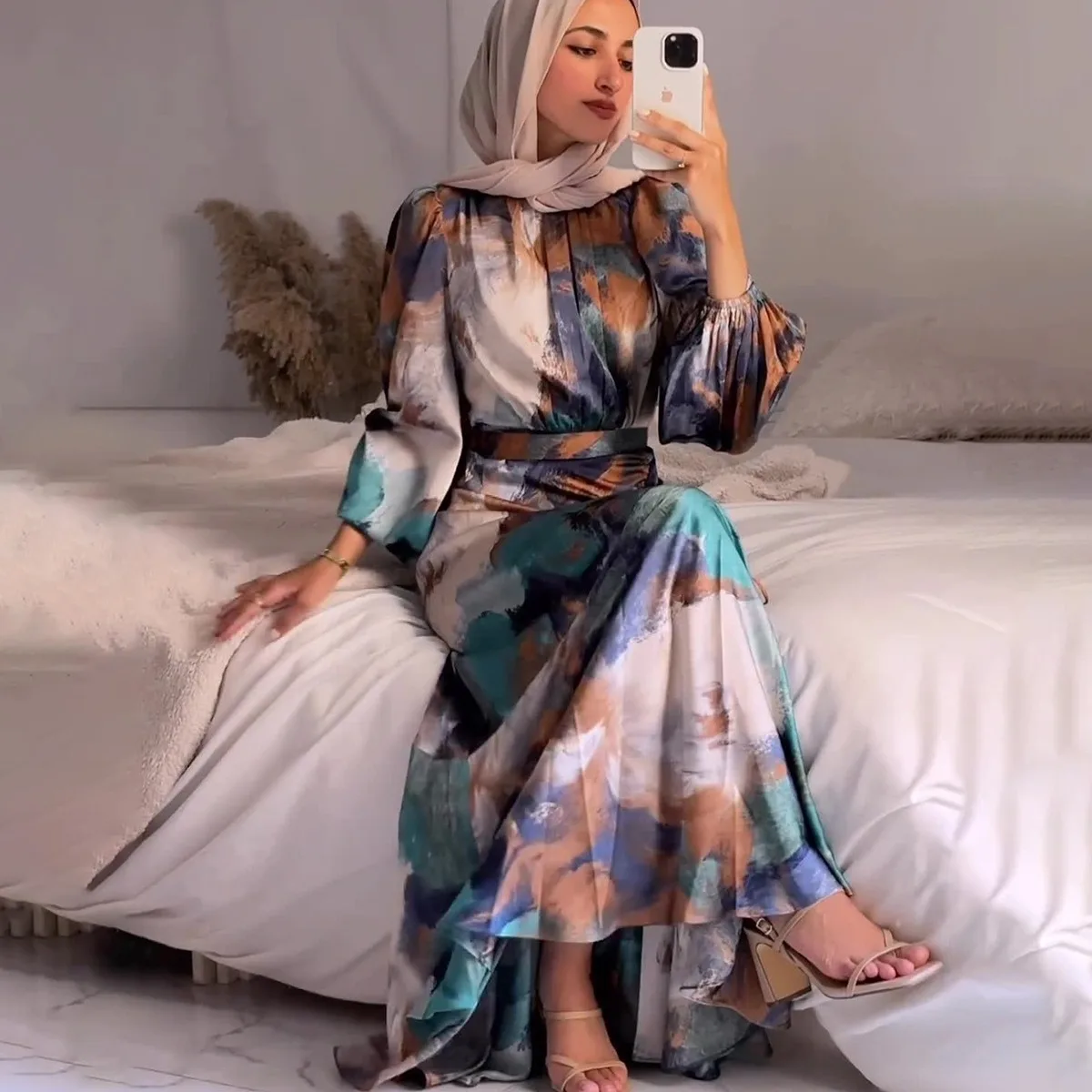 

Muslim Printed Ruched Dress Women Eid Ramadan Half High Collar Long Lantern Sleeves Dresses Female Fashion Musulmane Abaya Robe