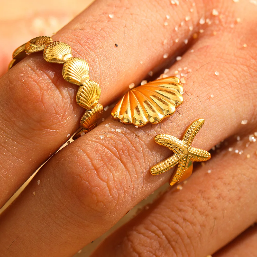 2pcs/Lot Stainless Steel Creative Starfish Shell Rings Waterproof Adjustable Open Ring For Women Seabeach Jewelry Party Gifts 6