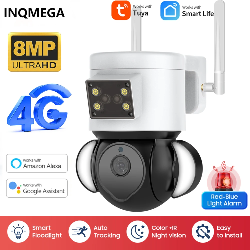 Inqmega 8Mp 4K Smart Tuya Camera 4G Sim Telecamera Ip Di Sicurezza Di Sorveglianza Con Allarme Sirena Antifurto Video Alexa Google Home Cam
