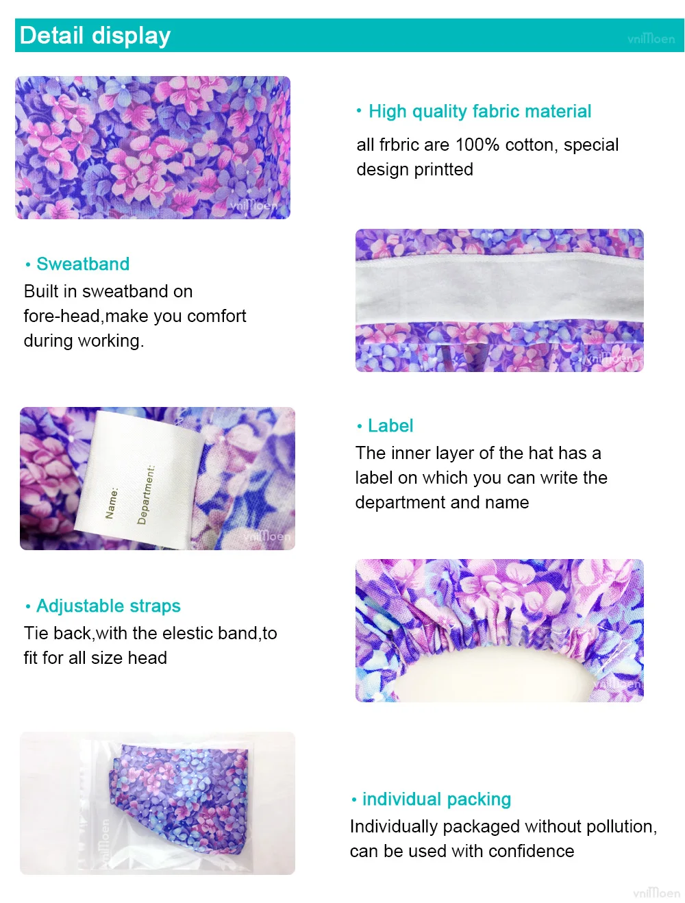 vnimoen Unisex cotton clinique Dentiste Dentisterie scrub hat Floral print Scrub cap High Quality beauty salon Elastic work cap