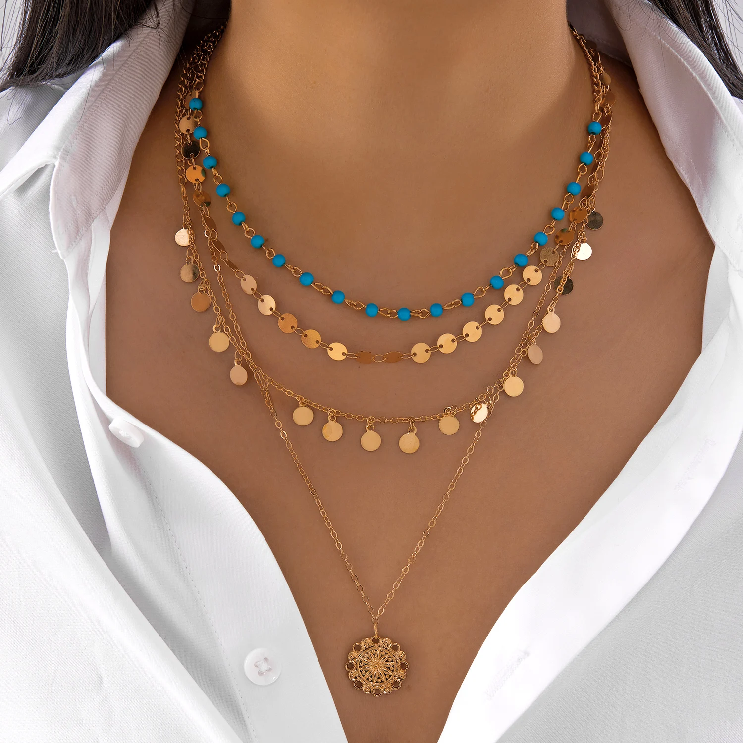 Elegant Layered Necklace: Zircon Evil Eye Palm Cross Pearl Choker Jewelry
