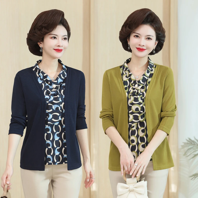 

Women Lace Up Bow Print Patchwork Fake Two Pieces Blouses Spring Autumn Fashion Long Sleeve Loose Pullover Tops Female Clothing