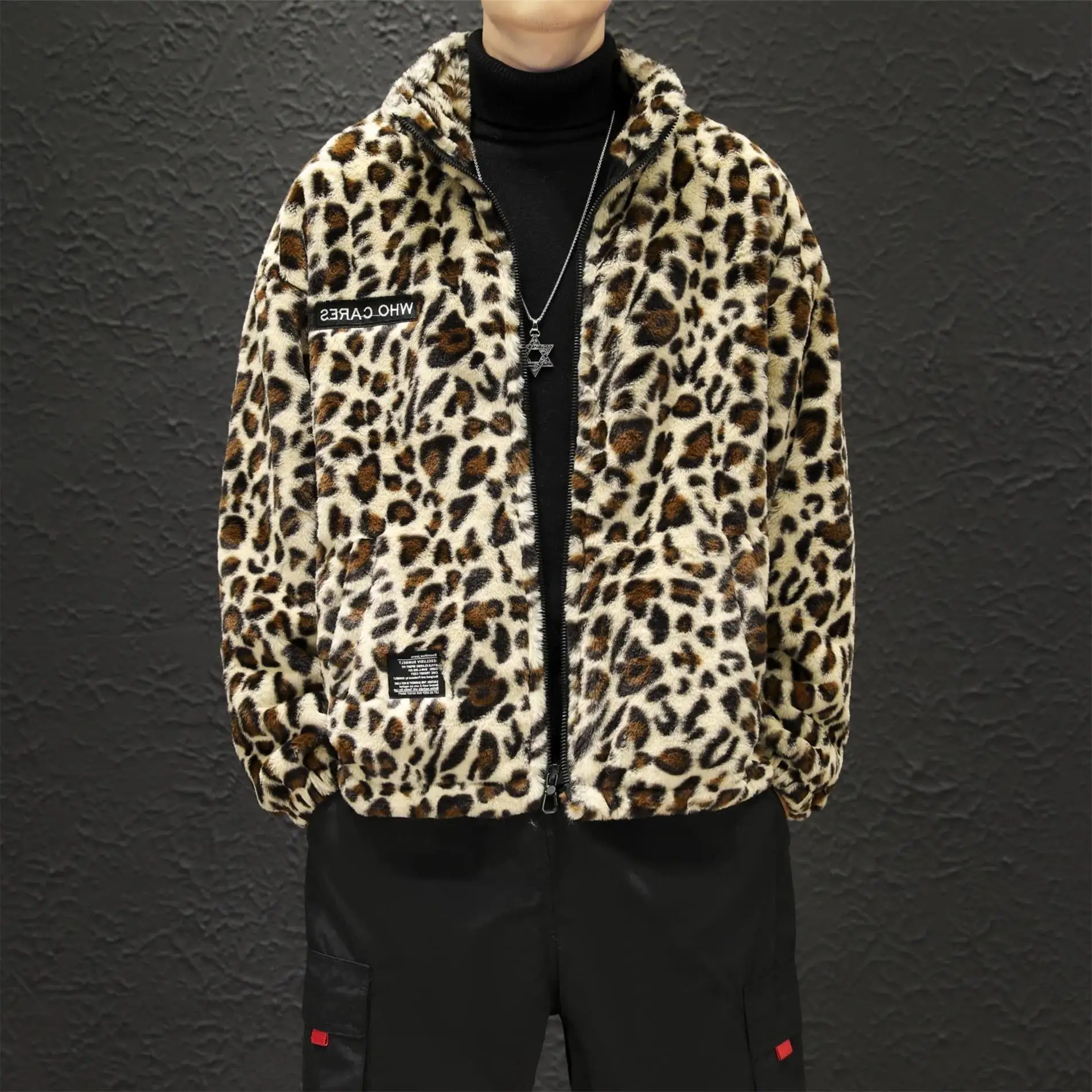

New Men Thick Leopard Faux Fur Jacket night club dance Men's top Coats Winter warm wool Fashion jacket Clothing