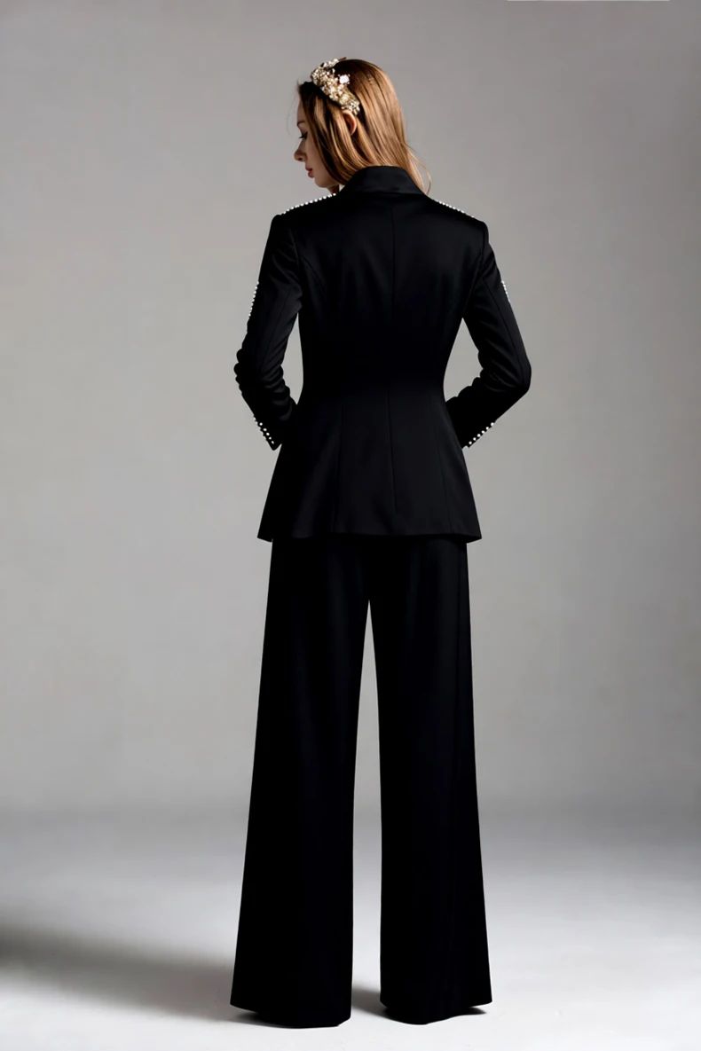 طقم بدلة نسائية سوداء وسراويل واسعة الساق مكون من...