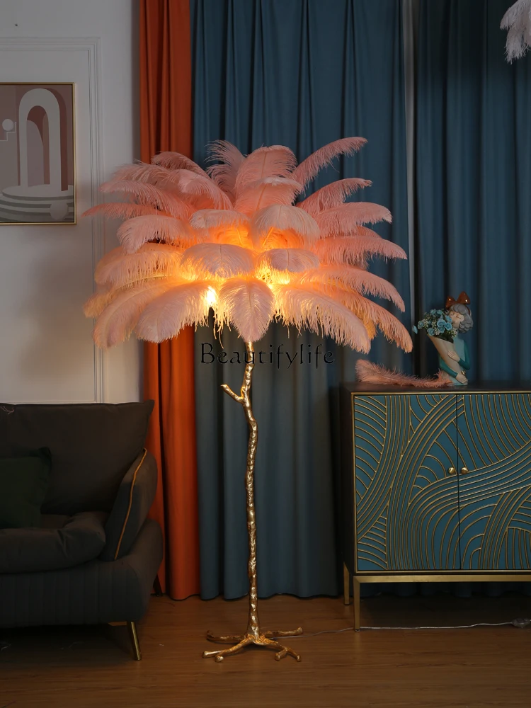 

American Style Luxury Background Feather Floor Lamp Bedroom Bedside Lamp Princess Living Room Branch Light Table Lamp