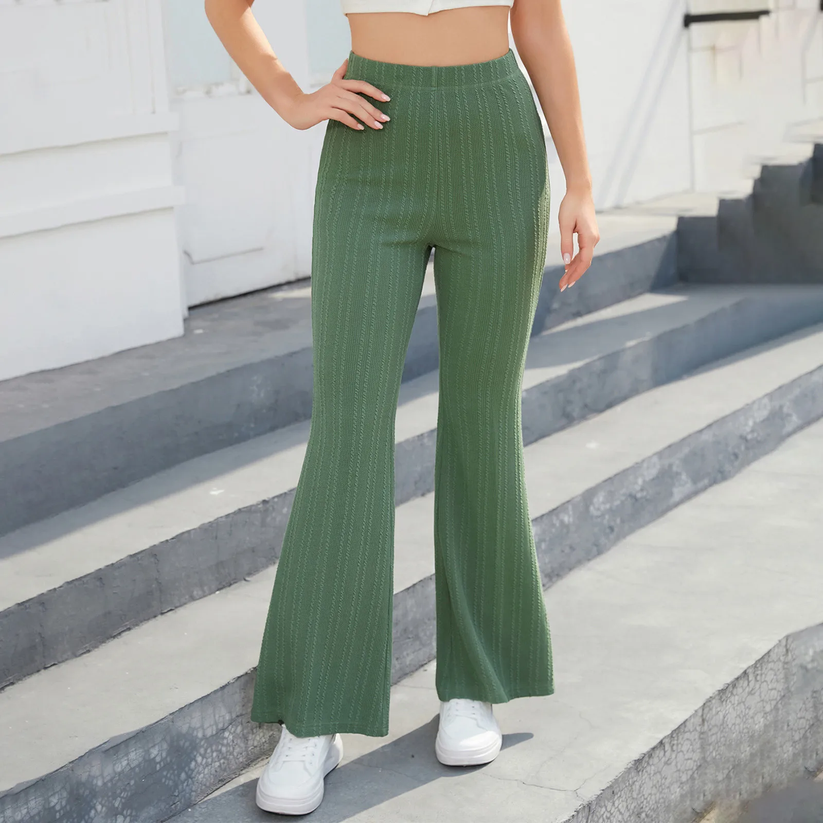 

Women Casual Solid Color High Waist Ribbed Flare Long Pants Comfy Elastic Slim Leg Trousers Casual Linen Pants Daily Office