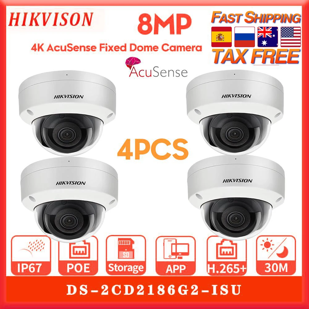 

4PCS Hikvision 8MP 4K IP Camera DS-2CD2186G2-ISU Acusense IR Fixed Dome POE Security Protection CCTV Surveillance IP67