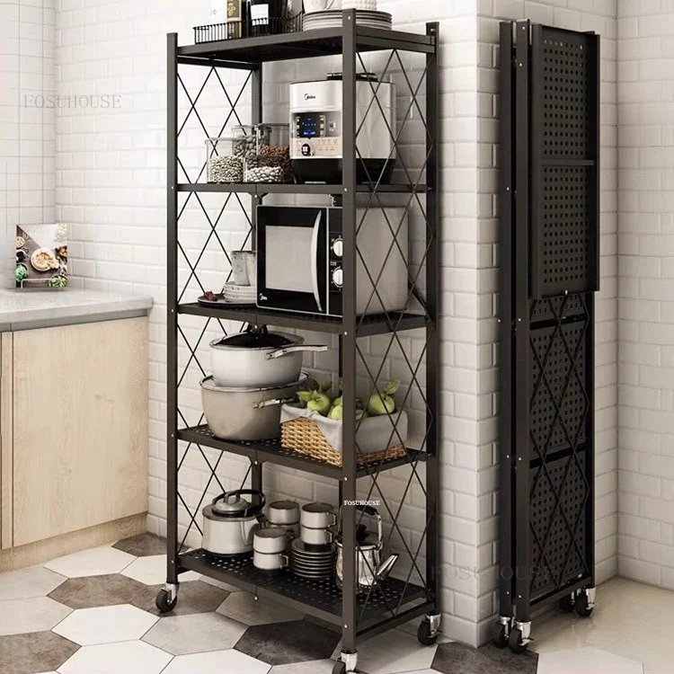 Nordic iron Kitchen Cabinets Folding Storage Rack Multi-layer Kitchen Pan Microwave Storage Rack Home Bathroom Mobile R