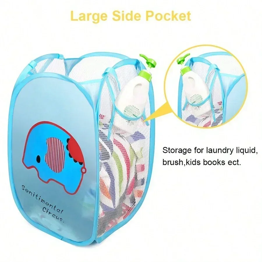 Cartoon Mesh Clothes Storage Basket Folding Pop-Up Dirty Clothes Laundry Hamper Kids Toys Bag Side Pocket