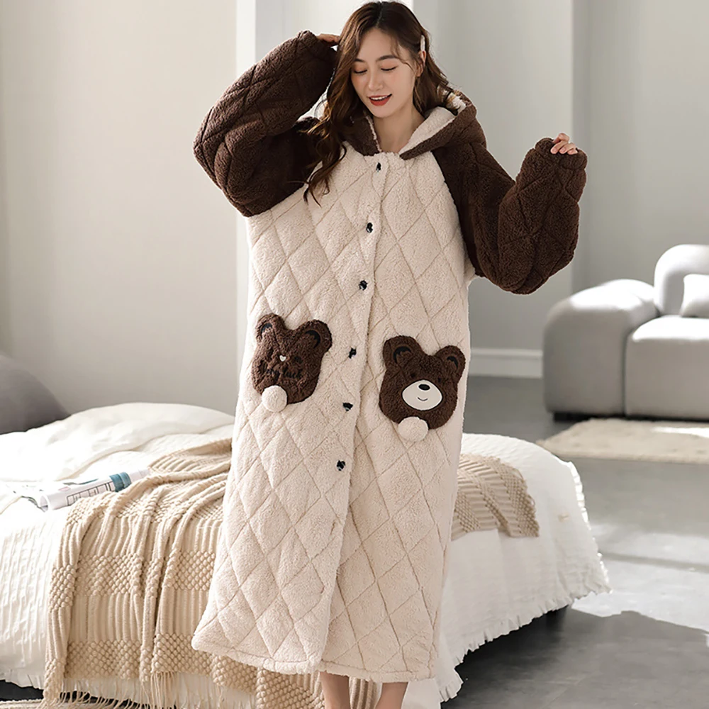 2023 New College Style Winter Super Thicken Flannel Night Dress Women Sleepwear for Sleeping Shower Robe Women's Plaid Bathrobe