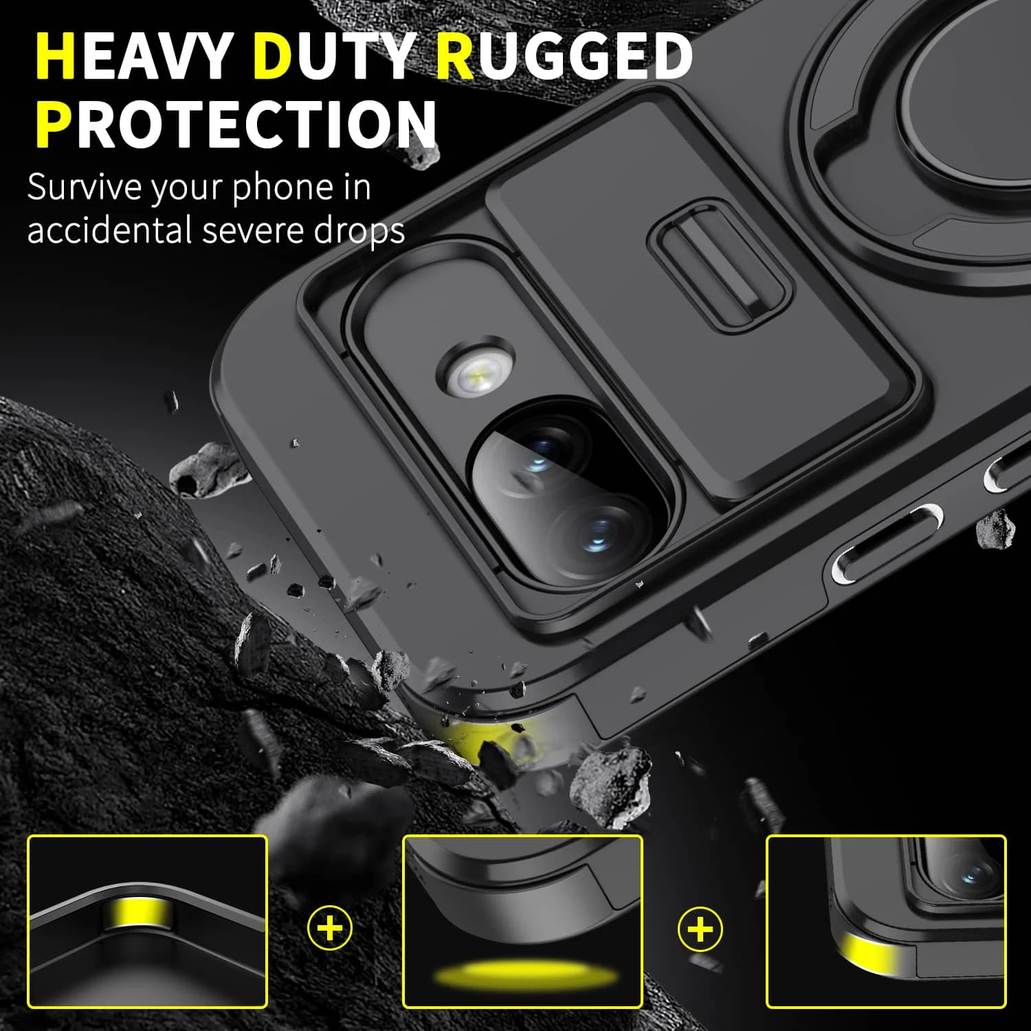 Heavy Duty Shockproof Case with Slide Camera Lens Protector and Magnetic Ring Holder