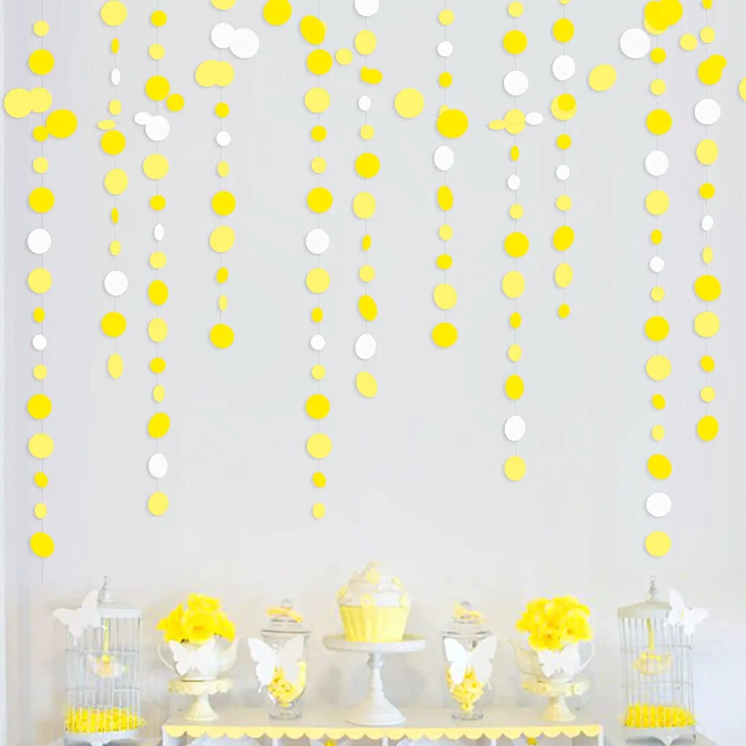 Yellow White Bee Sunflower Lemon Theme Party Decorations Supplies Circle Dots Garlands Yellow Polka Dot Hanging Paper Streamers