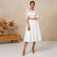 

Vintage Short Civil Wedding Dress With Half Sleeves Scoop Neck Tea Length White Lace Bridal Gown For Woman 2022 Robe De Mariee