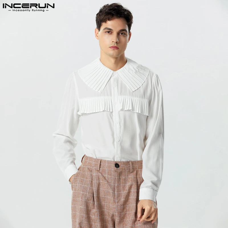 

INCERUN Tops 2023 American Style Men's Solid Pleated Design Thin Shirts Male Chiffon Micro Transparent Long Sleeved Blouse S-5XL