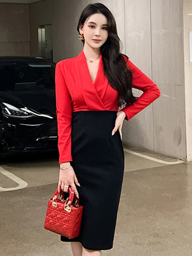 Spring Fashion Elegant Midi Dresses for Women Formal Professional Dress Red  Black Panelled Slim Vestidos Business Robe Female - AliExpress
